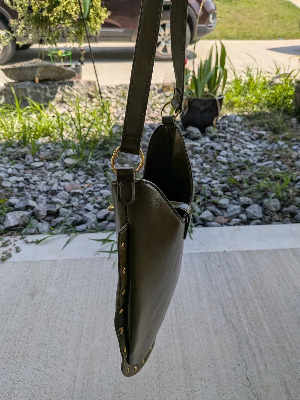 Vintage Olive Green Hobo Shoulder Bag - With Gold Turn Lock And Studs